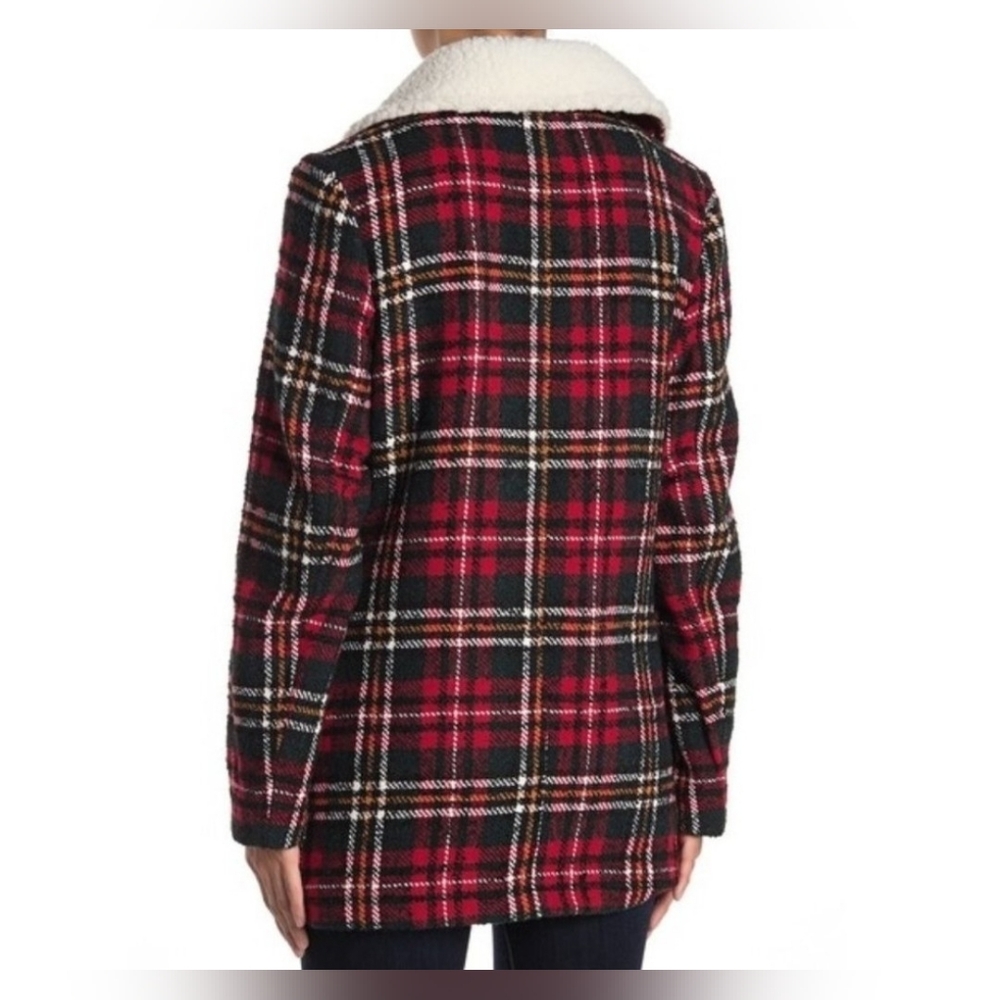 French Connection Red Plaid Pea Coat with White Faux Shearling Collar - Size XS - Picture 2 of 10